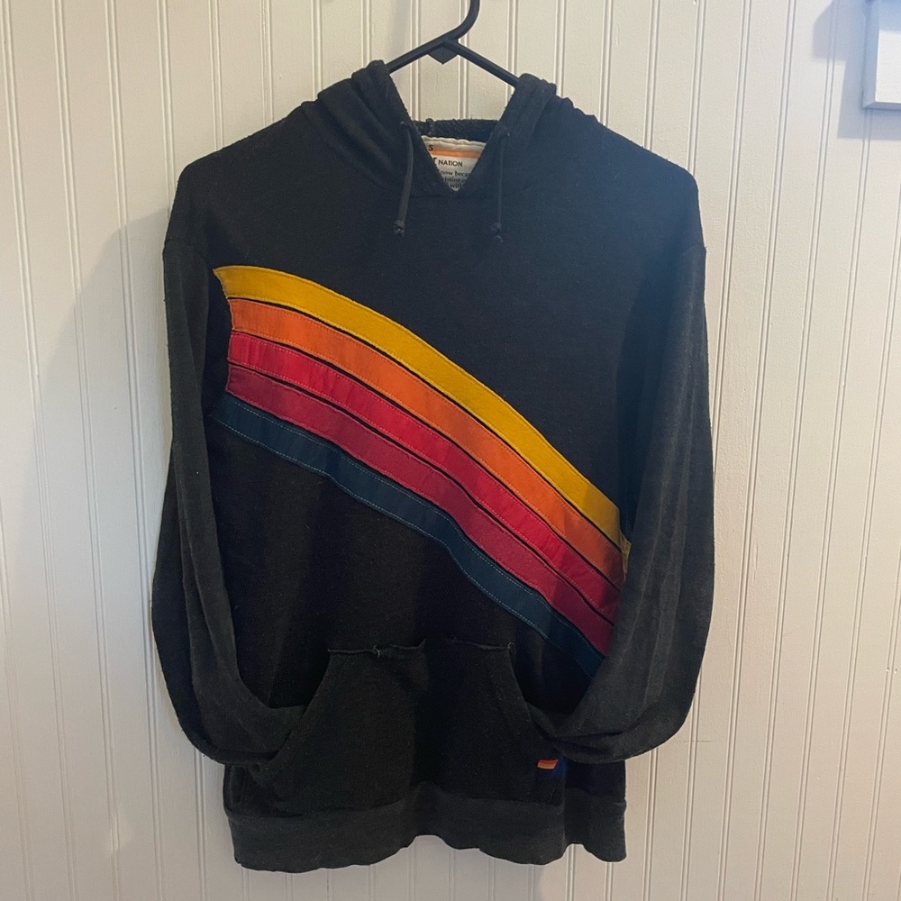 Aviator Nation Charcol Grey Pullover Hoodie with Rainbow Diagonal Stripes